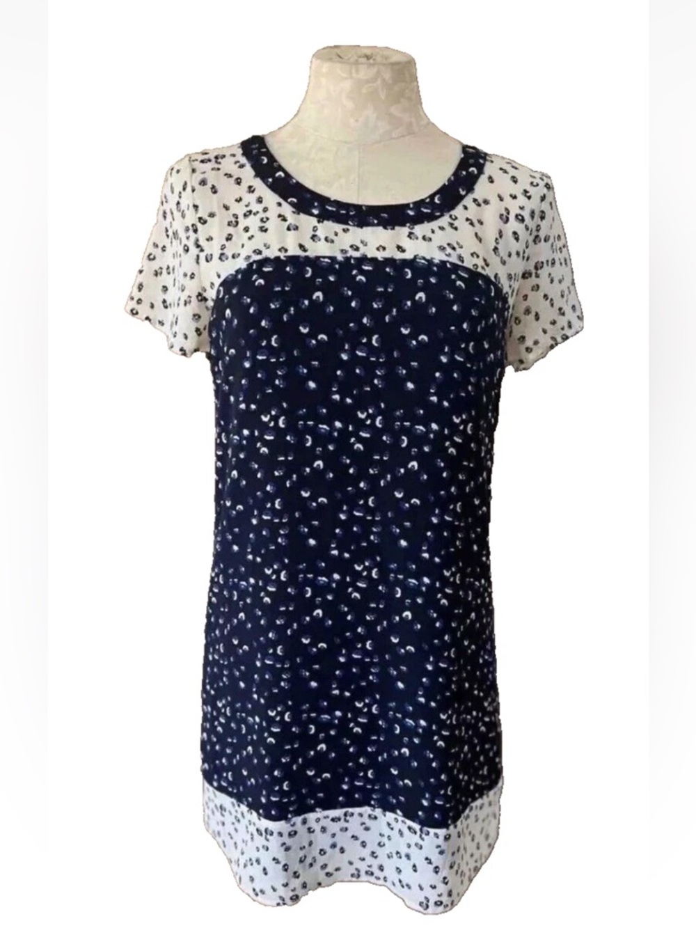 Anthropologie Maeve Navy Cream Leopard Print Short Sleeve Lined Sheath Dress EUC
